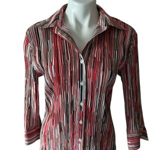 Scott Taylor Red Multicolored Pleated Y2K Button Down Shirt Blouse Petite Medium